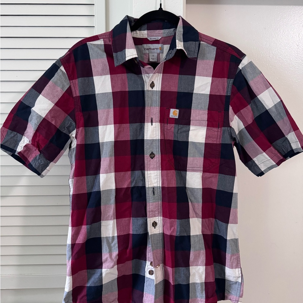 Carhartt Men’s Short Sleeve Plaid Button-Down Shirt - Red, Navy, White